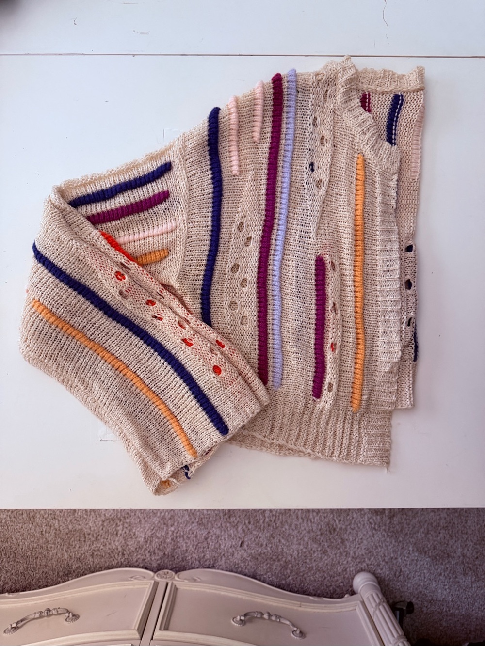 Pilcro Beige Open-Knit Sweater with Multi-Color Stripes